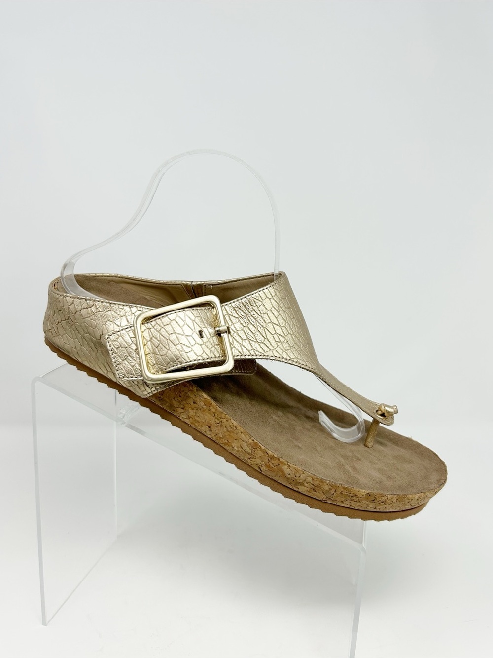 Ros Hommerson Womens Gold Thong Sandals Oversized Buckle Cork Footbed 11 Wide